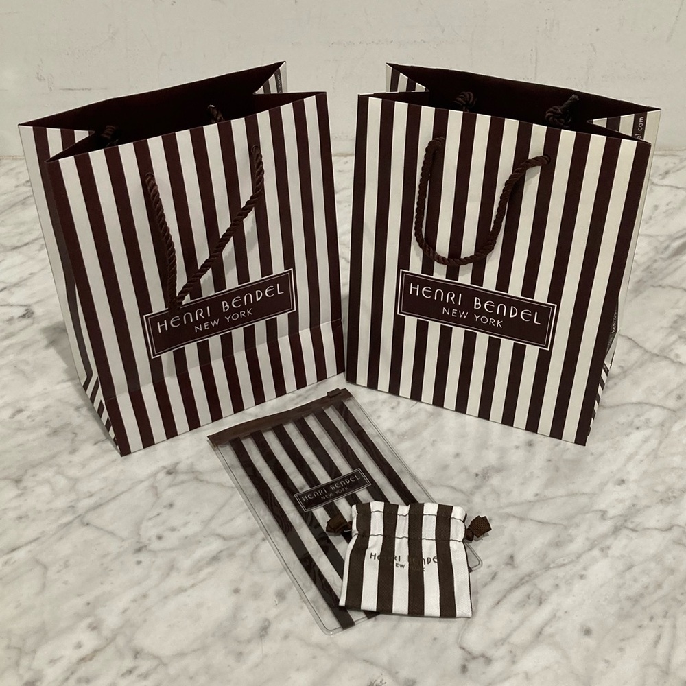 LOT Henri Bendel Mini Drawstring Dustbag Pouch Gift Bag Logo Brown White Stripe